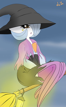 3_fingers blue_hair broom broom_riding cleaning_tool clothing female fingers hair hair_over_eye hat headgear headwear holidays knock-kneed lamp lantern looking_down markings not_furry one_eye_obstructed open_mouth solo star_(marking) witch_costume witch_hat yellow_eyes renv halloween nintendo pokemon saeko_(renv) gardevoir generation_3_pokemon pokemon_(species) shiny_pokemon 2021 hi_res shaded simple_shading