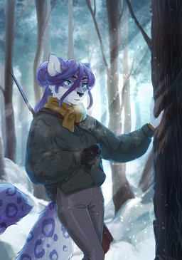 anthro blue_eyes bottomwear claw_marks clothed clothing coat dreadlocks female forest forest_background fully_clothed gloves gun hair handwear jacket long_hair nature nature_background outside pants plant purple_hair ranged_weapon rifle rifle_sling scarf snow snowing snowing_outside solo topwear tracking tree weapon winter winter_coat lanhai legend_of_ahya natalia_ruyemov_(darkflamewolf) felid feline leopard mammal pantherine snow_leopard digital_media_(artwork) hi_res shaded