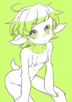 ahoge anthro barely_visible_navel bikini breasts clothing female fur green_eyes green_hair hair loli micro_bikini mouth_closed scut_tail short_tail small_breasts solo swimwear tail two-piece_swimsuit white_body white_fur young young_anthro young_female amesawa_yagi bovid caprine goat mammal 2013 green_and_white monochrome