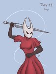 anthro black_eyes clothing cyan_background dress empty_eyes female holding_object holding_weapon melee_weapon mouthless narrowed_eyes red_clothing red_dress simple_background solo weapon hermitpioneer hollow_knight team_cherry hornet_(hollow_knight) arthropod hi_res