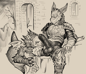 anthro anthro_on_anthro armor ball_lick balls big_penis building claws duo erection fellatio foreskin genitals half-closed_eyes hand_on_head horn humanoid_genitalia humanoid_penis licking looking_at_another looking_at_partner male male/male narrowed_eyes oral partially_retracted_foreskin penile penis plant sex sitting smile tongue tongue_out tree daftpatriot dark_souls fromsoftware mythology dragon dragonoid_(dark_souls) mythological_creature mythological_scalie scalie 2021 monochrome