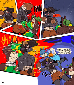 abs anthro areola black_areola black_body black_fur black_hair bovid_horn boxing boxing_gloves boxing_shorts brown_body brown_fur bruised bruised_cheek bruised_eye caprine_horn clothing dialogue eyewear fighting_ring fur glasses green_hair group hair handwear horn knock_out male mouthguard muscular muscular_anthro muscular_male nipples pink_areola punch ram_horn referee speech_bubble sport text trio unconscious wearing_glasses fellowthewulf anatid anseriform avian bird bovid canid canine canis caprine duck mammal sheep wolf comic english_text hi_res