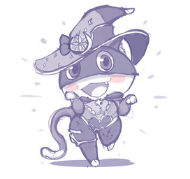 ambiguous_gender anthro biped black_body black_fur blush chibi clothed clothing cosplay crossdressing cute_fangs fangs fur hat headgear headwear iris kemono looking_at_viewer markings mask open_mouth open_smile pupils semi-anthro simple_background smile solo standing tail tail_markings teeth white_background white_body white_fur kusosensei atlus genshin_impact megami_tensei mihoyo persona_(series) persona_5 sega mona_megistus morgana_(persona) domestic_cat felid feline felis mammal 2020 digital_drawing_(artwork) digital_media_(artwork) greyscale hi_res monochrome sketch spot_color