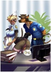 angry anthro badge belt blonde_hair blush book breasts brown_hair bulge butt clipboard clothing computer desk dialogue dual_holding duo electronics eyewear female furniture glasses hair holding_clipboard holding_object legwear looking_back male muscular office panties pointy_ears police prick_ears red_eyes sexual_harassment short_hair smile speech_bubble stockings table tail text underwear uniform unprofessional_behavior kamina1978 vader120 erma_(vader120) whitney_(vader120) canid canine canis dobermann domestic_dog giraffe giraffid mammal pinscher 2013 artist_name pictographics