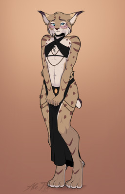 4_toes 5_fingers abs anthro arm_markings arm_tuft barefoot bent_legs big_ears biped black_clothing black_dress blue_eyes blush blush_lines brown_background brown_ear_tips brown_eyebrows brown_markings brown_nose brown_spots brown_stripes brown_tail chain chain_jewelry chest_markings chest_tuft choker clothed clothed_anthro clothed_male clothing countershade_arms countershade_face countershade_feet countershade_fur countershade_legs countershade_neck countershade_tail countershade_torso countershading covering covering_crotch crossdressing digitigrade dipstick_ears dress ear_markings ear_tuft ears_down elbow_tuft elegant_dress embarrased_horny embarrassed eyebrows facial_markings feet femboy fingers foot_tuft front_view fur fur_markings gradient_background head_markings hindpaw humanoid_hands jewelry knock-kneed looking_away male male_anthro markings midriff mouth_closed multicolored_body multicolored_ears multicolored_fur navel necklace nervous nub_tail paws pivoted_ears royalty short_tail shoulder_markings shy simple_background skimpy slim slim_anthro slim_male small_waist solo spots spotted_body spotted_fur spotted_markings standing striped_body striped_fur striped_markings stripes tail tan_background tan_body tan_fur toes tuft white_body white_countershading white_fur white_inner_ear white_sclera ale-tie aspen_(crenchaw_wolf) eurasian_lynx felid feline lynx mammal 2025 9:14 absurd_res dated full-length_portrait hi_res portrait