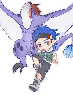 accessory blue_hair chibi duo feral hair headband male purple_body wings chessyer bandai_namco digimon digimon_beatbreak raito_souda digimon_(species) human mammal rhamphomon scalie 3:4 absurd_res hi_res