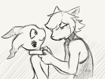 anthro biped claws clothed clothed_anthro clothed_male clothing collar duo female fingers hair male nude nude_anthro nude_female side_view simple_background smile sealer4258 nintendo pokemon lewin_(sealer4258) mimi_(sealer4258) canid canine canis generation_7_pokemon mammal mimikyu pokemon_(species) wolf 2025 4:3 digital_drawing_(artwork) digital_media_(artwork)