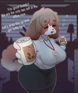 anthro beverage biped blush bottomwear breasts brown_hair businesswear clothed clothing coffee collared_shirt dialogue dress_shirt elderly elderly_female female fingers hair holding_object legwear miniskirt multicolored_body offering_to_viewer office office_lady open_mouth open_smile pencil_skirt shirt skirt smile solo tear_trough text thick_thighs tights tired topwear bluef1shcake aya_lin canid canine canis domestic_dog mammal 2025 digital_media_(artwork) hi_res