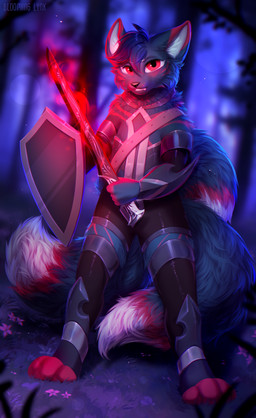 anthro armor blue_body blue_fur blue_tail clothed clothing fangs front_view fur grass holding_melee_weapon holding_object holding_shield holding_sword holding_weapon looking_at_viewer magic_user male markings melee_weapon multicolored_tail outside plant red_eyes red_markings shield solo standing sword tail teeth tree weapon white_tail bloominglynx 2024 absurd_res full-length_portrait hi_res portrait