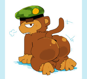 3_toes all_fours anthro backsack balls barefoot beret big_butt brown_body brown_eyes brown_fur butt camo camo_print clothing eyebrows feet fur genitals glistening glistening_butt hat headgear headwear looking_at_viewer looking_back looking_back_at_viewer male mostly_nude presenting presenting_hindquarters solo tail teeth thick_thighs toes pawplants bloons_tower_defense ninja_kiwi sniper_monkey_(bloons) haplorhine mammal monkey primate 2023 digital_media_(artwork)