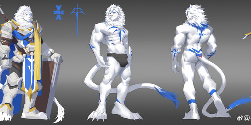 anthro armor black_bottomwear black_clothing blue_eyes bottomwear bulge clothed clothing front_view fur hair male male_anthro melee_weapon mouth_closed muscular muscular_anthro muscular_male nude rear_view shield solo sword sword_on_back tail tail_tuft tuft weapon weapon_on_back white_body white_fur white_hair white_tail awaldkize felid lion mammal pantherine absurd_res hi_res model_sheet