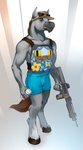 alcohol anthro beer beverage boxers_(clothing) brown_mane brown_tail bullet clothed clothing eyebrows eyewear fluffy fluffy_tail gradient_background grey_body grey_skin grin gun hat headgear headwear holding_object holding_weapon hooves inner_ear_fluff light_machine_gun looking_at_viewer male mane muscular muscular_male orange_eyes partially_clothed ranged_weapon simple_background smile sunglasses tail teeth tuft underwear weapon thepimpartist equid equine horse mammal 2020 hi_res traditional_media_(artwork)