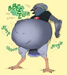 5_fingers abdominal_bulge anthro anthro_pred avian_feet beak beanie belly big_belly biped black_beak black_claws black_eyebrows blue_body blue_feathers blush bodily_noises bottomless bubble burping churn claws clothed clothing derived_sound_effect different_sound_effects digestion digitigrade extended_sound_effect eyebrows eyes_closed feathered_wings feathers fingers front_view fully_inside glorp green_body green_feathers grey_body grey_feathers hand_on_belly hat headgear headwear holding_belly male male_pred motion_lines multicolored_body multicolored_feathers offscreen_character onomatopoeia open_beak open_mouth oral_vore pink_tongue rumbling_stomach scutes shadow shirt soft_vore solo sound_effect_variant sound_effects standing tail tail_feathers text toe_claws tongue topwear vore winged_arms wings 934 realsadboihours avian bird columbid pigeon rock_dove 2019 digital_media_(artwork) flat_colors hi_res