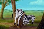 2013 all_fours anus butt detailed_background equid equine female feral fur gaping hooves in_tree looking_back mammal nude open_mouth outside plant raised_tail reallynxgirl savanna solo stripes stuck tail tail_anus third-party_edit toony tree zebra