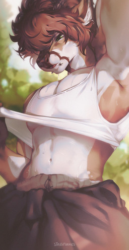 anthro biped bodily_fluids bottomwear clothed clothed_anthro clothed_male clothing countershade_torso countershading front_view fully_clothed fully_clothed_anthro fully_clothed_male fur hair male male_cleavage navel piercing solo sweat tongue topwear strigiformes deer mammal 2026 digital_drawing_(artwork) digital_media_(artwork) hi_res