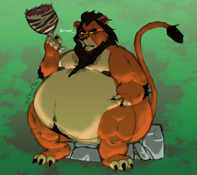 anthro belly big_belly black_hair bloated body_hair food fur green_eyes hair happy_trail male meat_on_bone navel obese orange_body orange_fur overweight overweight_male rumbling_stomach scar solo stuffing weight_gain yellow_sclera scudmum disney the_lion_king scar_(the_lion_king) felid lion mammal pantherine 2023 colored colored_sketch digital_drawing_(artwork) digital_media_(artwork) hi_res shaded sketch