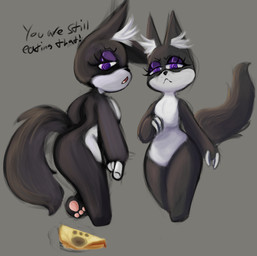anthro black_body black_fur dialogue eyelashes female food footprint fur gesture hand_gesture inner_ear_fluff open_mouth pawpads pointing purple_eyes sandwich_(food) simple_background solo spiral spiral_eyes text tongue tuft white_body white_fur festeringfungus artemisia_(dollstaff) unknown_species 2022 english_text hi_res