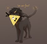 1_eye ambiguous_gender biped black_body black_fur black_hair black_nose bow_tie clothing duo eyes_closed feral fur grey_body hair hat headgear headwear heart_symbol humor mouth_hold quadruped smile solo_focus sparkles text triangle_(shape) yellow_body reysi disney gravity_falls bill_cipher fray_(reysi) animate_inanimate domestic_cat euclidean eye_of_providence felid feline felis mammal 2018 digital_media_(artwork) english_text full-length_portrait hi_res portrait