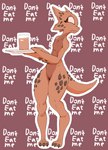 anthro background_text brown_body candy chocolate chocolate_chip_cookie chocolate_chips chocolate_milk cookie dessert digitigrade featureless_crotch female flat_chested flavored_milk food glass holding_object milk nervous orange_eyes plate scared short_stack simple_background solo tail text permaclot food_creature kobold scalie shaded