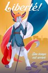 anthro antifa arc_de_triomphe clothed clothing detailed_background eiffel_tower exclamation_point eyebrows female flag flag_(object) fluffy fluffy_tail france freckles french_flag fur gradient_background grey_body grey_fur hair holding_flag holding_object military nazi nazi_flag orange_hair paris partially_clothed pink_nose politics poster poster_template propaganda resistance simple_background solo standing swastika tail text world_war_2 yellow_eyes thepimpartist canid canine fox mammal 2019 french_text hi_res traditional_media_(artwork) translated