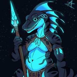 anthro big_eyes bioluminescence blue_body blue_eyes breasts female fin glowing melee_weapon navel non-mammal_breasts non-mammal_navel polearm runes slightly_chubby slightly_chubby_anthro slightly_chubby_female solo spear teeth tribal tribal_clothing under_boob underwater water weapon azurian aquatic eel fish hybrid 1:1 absurd_res hi_res