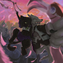 5_fingers anthro bared_teeth beak big_eyes biped black_body black_fur black_nose clothing digitigrade eyewear fangs feathers female fingers fur goggles green_eyes group hair male pawpads paws pointy_ears prick_ears red_eyes short_hair smile sunset tail teeth white_body white_fur lxegger avian bird canid canine felid feline flamingo mammal 1:1 absurd_res hi_res