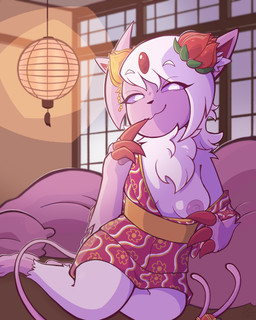 accessory anthro areola asian_clothing big_areola big_nipples breasts claws clothing east_asian_clothing female finger_claws flashing flashing_breasts flower flower_in_hair fur hair hair_accessory inner_ear_fluff japanese_clothing kimono lamp lantern looking_at_viewer neck_tuft nipples paper_lantern pillow pink_body plant purple_eyes small_breasts smile smiling_at_viewer smirk smirking_at_viewer solo tail teasing teasing_viewer tuft white_body white_fur conditional_dnp fervourbunny nintendo pokemon absol generation_3_pokemon mammal pokemon_(species) 2025 4:5 absurd_res digital_media_(artwork) hi_res