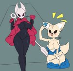 anthro breasts cheek_tuft cloak clothed clothing duo facial_tuft featureless_breasts female hand_between_legs mostly_nude open_mouth open_smile panties panties_down partially_clothed selfie shirt_down simple_background smile tuft underwear underwear_down aonoexorcist100 aggretsuko hollow_knight sanrio team_cherry fenneko hornet_(hollow_knight) arthropod canid canine fennec_fox fox mammal true_fox absurd_res hi_res sketch