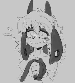 4_fingers anthro bodily_fluids close-up ear_piercing fingers flying_sweatdrops gauged_ear grey_background holding_leash holding_object horizontal_pupils leash male nervous nervous_smile piercing pupils simple_background solo sweat sweatdrop bunnybaphomet gavin_(mewgle) bovid caprine goat mammal 2025 greyscale monochrome sketch