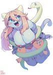 anthro aruurara big_breasts blue_body blue_eyes blue_fur breasts domestic_cat duo fangs felid feline felis female female/female fur hair long_hair mammal navel_(aruurara) open_mouth reptile scalie smile snake teeth tongue tongue_out wide_hips wraps