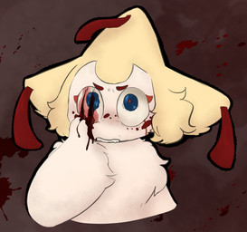 abstract_background ambiguous_gender angry blood blood_on_eye blood_on_face blood_on_hand blood_splatter bodily_fluids clenched_teeth eye_trauma fur gore gore_focus grimace looking_up pupils red_pupils scared self-harm solo teeth wounded neoncityrain nintendo pokemon polaris_chandran_(neoncityrain) generation_3_pokemon humanoid jirachi legendary_pokemon pokemon_(species) cross-hatching hatching_(art) shaded