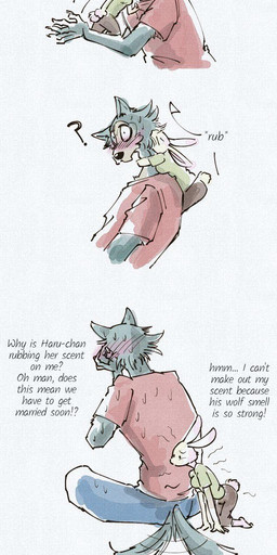 anthro blush bodily_fluids dialogue female fur grey_body grey_fur group interrobang male sweat sweatdrop tail tail_motion tailwag text white_body white_fur ktandoku third-party_edit beastars haru_(beastars) legoshi_(beastars) avian bird canid canine canis domestic_cat domestic_rabbit dwarf_rabbit felid feline felis lagomorph leporid mammal oryctolagus rabbit wolf 2020 comic english_text hard_translated hi_res translated