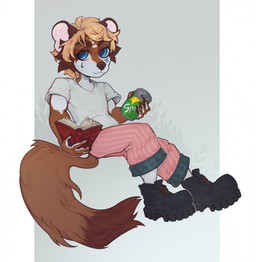 anthro beverage beverage_can big_shoes blonde_hair blue_eyes book bottomwear brown_body brown_fur brown_tail chibi clothing footwear fur hair looking_at_viewer male multicolored_body multicolored_eyes multicolored_fur multicolored_tail pants pattern_bottomwear pattern_clothing pattern_pants pawpads pink_bottomwear pink_clothing pink_ears pink_pants reading reading_book runes shirt shoes simple_background socks soda solo sprite striped_bottomwear striped_clothing striped_pants stripes t-shirt tail tail_tuft tattoo topwear tuft two_tone_body two_tone_eyes two_tone_fur two_tone_tail white_body white_clothing white_footwear white_fur white_shirt white_socks white_t-shirt white_topwear dcayorcus mammal mustelid musteline stoat true_musteline weasel digital_media_(artwork) hi_res shaded