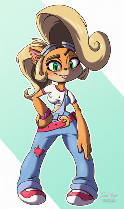 anthro blep blonde_hair bottomwear breasts clothed clothing ear_piercing eyewear eyewear_on_head female fingers footwear fur goggles goggles_on_head green_eyes hair looking_at_viewer medium_breasts nipple_outline overalls piercing shirt shoes simple_background smile smiling_at_viewer solo standing tail tongue tongue_out topwear wide_hips dazzlekong activision crash_bandicoot_(series) coco_bandicoot bandicoot mammal marsupial digital_media_(artwork) hi_res