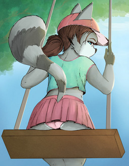 anthro biped bottomwear butt clothed clothing female green_clothing green_shirt green_topwear grey_body hat headgear headwear loli looking_back markings panties pink_bottomwear pink_clothing pink_hat pink_headwear pink_panties pink_skirt pink_underwear rear_view shirt sitting skirt solo striped_markings striped_tail stripes tail tail_markings topwear underwear young mdgusty mammal procyonid raccoon absurd_res hi_res