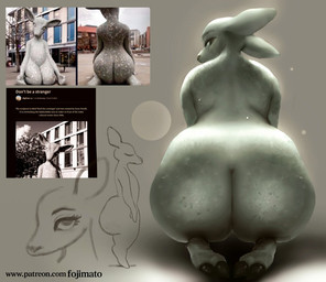 anthro big_butt black_eyes butt cloven_hooves eyelashes female flat_chested grey_background grey_body hooves huge_butt kneeling looking_at_viewer looking_back looking_back_at_viewer rear_view sculpture side_view simple_background solo statue text thick_thighs underhoof unguligrade wide_hips fojimato don't_be_a_stranger_(sculpture) animate_inanimate deer living_statue mammal url