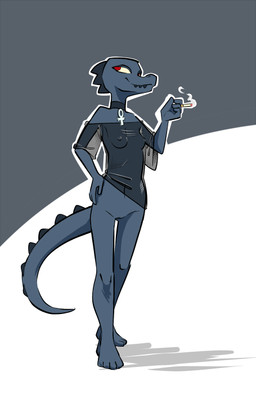 ankh anthro bottomless breasts cigarette cigarette_smoke clothed clothing female genitals holding_cigarette holding_object non-mammal_breasts off_shoulder small_breasts smoke smoking solo tail translucent translucent_clothing vulva toxoglossa night_in_the_woods bea_santello alligator alligatorid crocodilian reptile scalie