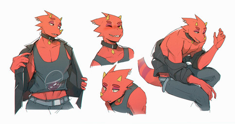 5_fingers alternative_fashion anthro belt black_clothing black_topwear blush bottomwear breath choker clothed clothing ear_piercing eyebrows eyes_closed fingers furgonomic_piercing furgonomics goth grey_bottomwear grey_clothing grey_topwear grin horn jacket jewelry male necklace panting partially_clothed piercing red_body red_scales red_tail scales shirt simple_background sitting smile solo tail tank_top teeth topless topwear undressing white_background yellow_horn notglacier animal_crossing nintendo flick_(animal_crossing) chameleon lizard reptile scalie absurd_res expression_sheet hi_res