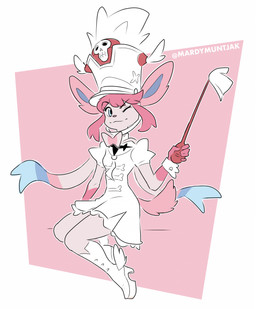 alternate_species anthro blue_eyes boots bow_(feature) clothed clothing cosplay cuffs_(clothing) dress female footwear fur furrification hair hat headgear headwear high_heeled_boots high_heels holding_object legwear looking_at_viewer marching_band_uniform one_eye_closed pink_body pink_fur pink_hair shoes simple_background sitting smile solo tail topwear uniform white_body white_fur wink mardymuntjak kill_la_kill nintendo pokemon studio_trigger nonon_jakuzure eeveelution generation_6_pokemon mammal pokemon_(species) sylveon 2026 digital_media_(artwork) hi_res