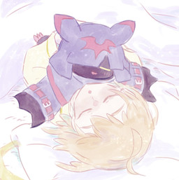 anthro black_body black_fur blonde_hair blush cloak clothing cowl cuddling duo fur hair hug male sleeping wings ebiebionigiri bandai_namco digimon makoto_kuonji chiropmon digimon_(species) human mammal hi_res