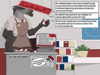 anthro apron black_text clothing dialogue female fur grey_body grey_fur holding_object holding_pokeball necktie pokeball shirt sign solo speech_bubble standing store text topwear white_clothing white_shirt white_topwear yellow_eyes crocuta_county nintendo pokemon hyena mammal hi_res