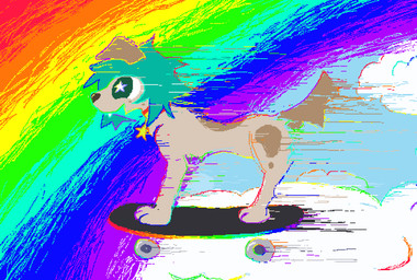 brown_body brown_fur cloud feral fur male open_mouth open_smile rainbow skateboard skateboarding smile solo tan_body tan_fur vehicle demensa canid canine canis domestic_dog mammal 2024 colorful_theme digital_media_(artwork) hi_res pixel_(artwork)