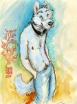 anthro body_hair clothed clothing collar happy_trail male pubes solo tail topless java canid canine canis domestic_dog mammal 2007