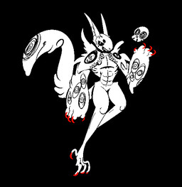 abs arm_tuft black_background black_eyes bone colored_nails eye_markings eyelashes flat_chested fluffy long_ears long_tail male markings muscular muscular_arms muscular_male nails pecs red_nails shoulder_tuft simple_background skull solo tail tattoo teeth thick_thighs tuft cannibalharpy demon mammal rodent sciurid tree_squirrel vampire