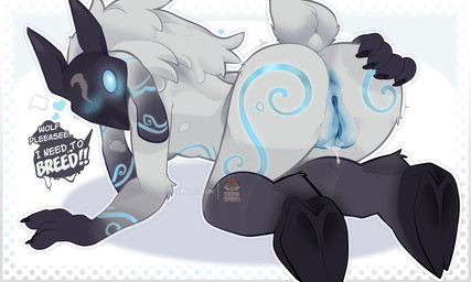 anthro anus big_butt blue_anus blue_eyes blue_markings blue_vulva blush blush_lines bodily_fluids butt dialogue empty_eyes female floppy_ears fur genital_fluids genitals gloves_(marking) grey_body grey_fur hooves leg_markings looking_back lop_ears markings mask nude pattern_background rear_view simple_background socks_(marking) solo text thick_thighs vaginal_fluids vulva white_background white_body white_fur wide_hips goah_sparky league_of_legends riot_games tencent kindred_(lol) lamb_(lol) bovid caprine mammal sheep hi_res