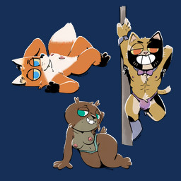 anthro armpit_hair bedroom_eyes black_nose black_paws blue_eyes body_hair bow_tie breasts brown_body brown_fur bulge chest_tuft clothed clothing countershade_torso countershading eyebrows fangs female fur group inner_ear_fluff leg_markings lying male markings multicolored_body multicolored_fur narrowed_eyes navel nipples nude on_back on_model on_side orange_body orange_eyes orange_fur pink_nipples pink_nose pole pubes seductive simple_background smile socks_(marking) stripper_pole tail tan_body tan_fur teal_eyes teeth thong thong_only topless transparent_background trio tuft underwear underwear_only whiskers white_body white_fur yellow_sclera half_dime root_(game) marquis_de_cat_(root) riverfolk_company_(root) woodland_alliance_(root) canid canine domestic_cat felid feline felis fox mammal mustelid otter 1:1 alpha_channel hi_res