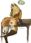 2009 anthro bent_over blonde_hair butt canid canine dialogue english_text female fox fur furniture genitals hair heart_symbol it's_a_trap! long_hair mammal nude orange_body orange_fur overweight overweight_anthro overweight_female plantigrade pussy simple_background solo table tail text white_background
