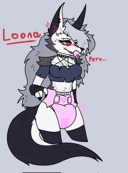 alternative_fashion anthro blush chest_tuft choker clean_diaper clothed clothing diaper ear_piercing female jewelry necklace object_in_mouth pacifier pacifier_in_mouth piercing red_sclera solo tuft wearing_diaper white_eyes j246 hellaverse helluva_boss mythology loona_(helluva_boss) canid canid_demon canine demon hellhound mammal mythological_canine mythological_creature hi_res