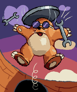 action_pose ambiguous_gender anthro brown_body brown_fur claws cloud cloudy_sky dusk eyewear fur goggles jumping manhole manhole_cover midair open_mouth pose sky solo tan_body tan_fur tools whiskers wrench cilokyne mario_bros nintendo rocky_wrench 5:6 digital_media_(artwork) hi_res pixel_(artwork)