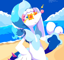 ambiguous_gender anthro beach blue_eyes blue_hair choice_specs cloud eyelashes eyewear gem hair musical_note musical_symbol pearl_(gem) sea sky smile solo starfish_(accessory) sunglasses symbol tail water white_body sleepy_sealion nintendo pokemon aquatic asterozoan echinoderm generation_7_pokemon pokemon_(species) primarina starfish 2025 absurd_res dated hi_res signature